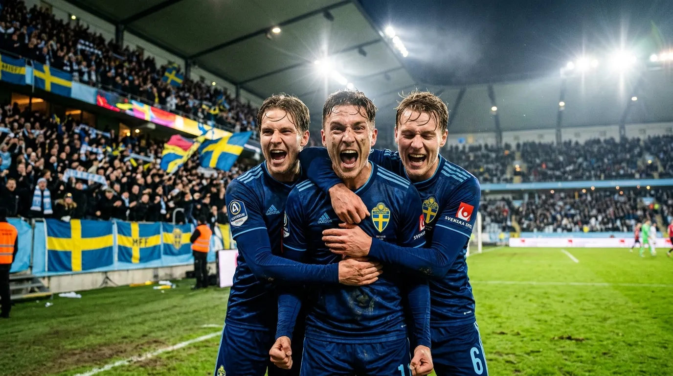 Fotbollsspelare i mörkblåa tröjor firar mål på planen